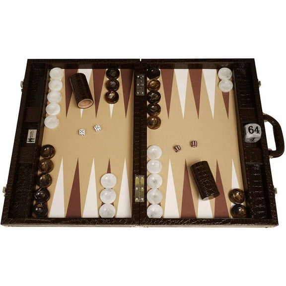Wycliffe Brothers 21-inch Tournament Backgammon Set - Brown Croco Case with Beige Field - Gen III
