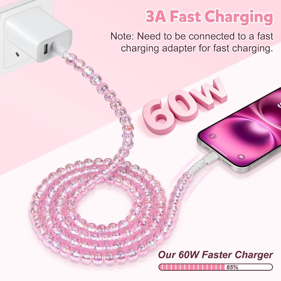 NDIUG-USB C to USB C Cable 5FT Pink Iridescent Beaded Phone Charger Cord
