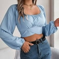 thumbnail image 6 of HAPIMO Women's Casual Elegant Slim Chiffon Shirts Vacation Workout Square Neck Pleated Pullovers Fashion Cropped Tops Lantern Sleeve Business Tees Outfits Blue S, 6 of 8