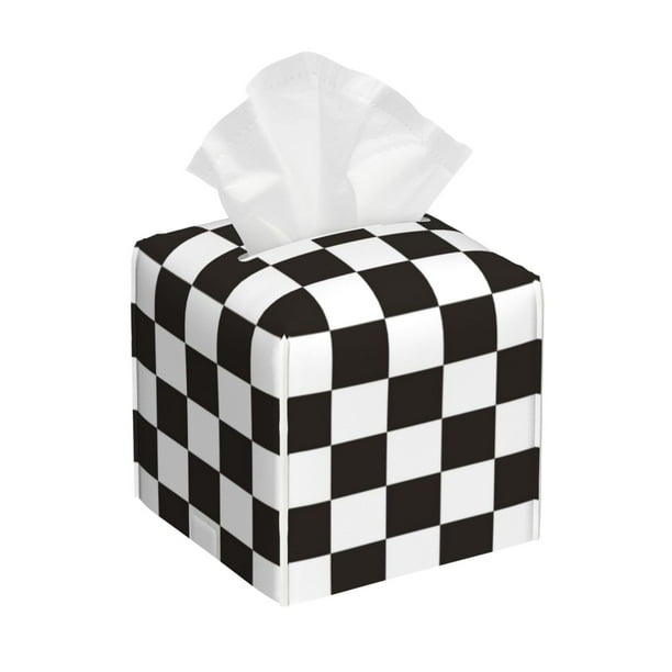 Fotbe Black and White Checkerboard Porta Pañuelos Decorativo de Cuero, Caja Cuadrada Moderna para Pañuelos Faciales, Organizador y Dispensador 5x5x5''