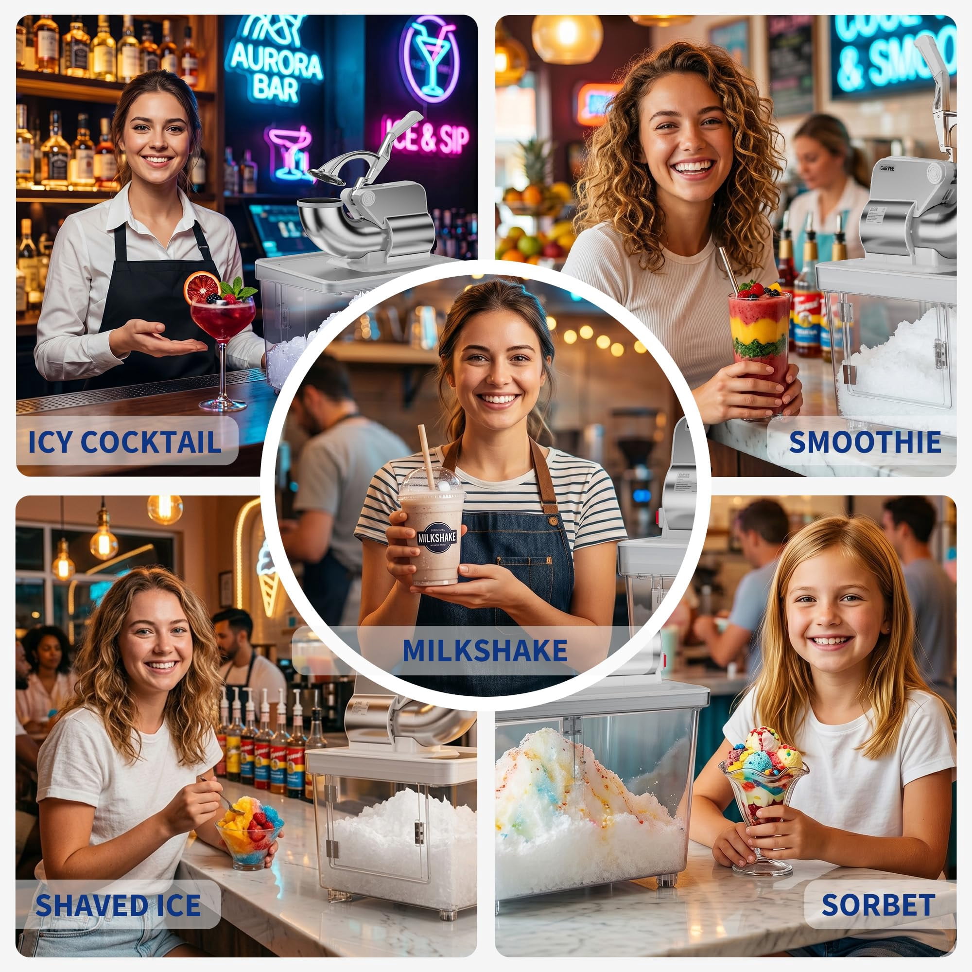 Commercial Electric Ice Crusher Machine, 4 Stainless Steel Blades Snow Cone Maker with Safety Switch for Home Bar Cafe Party