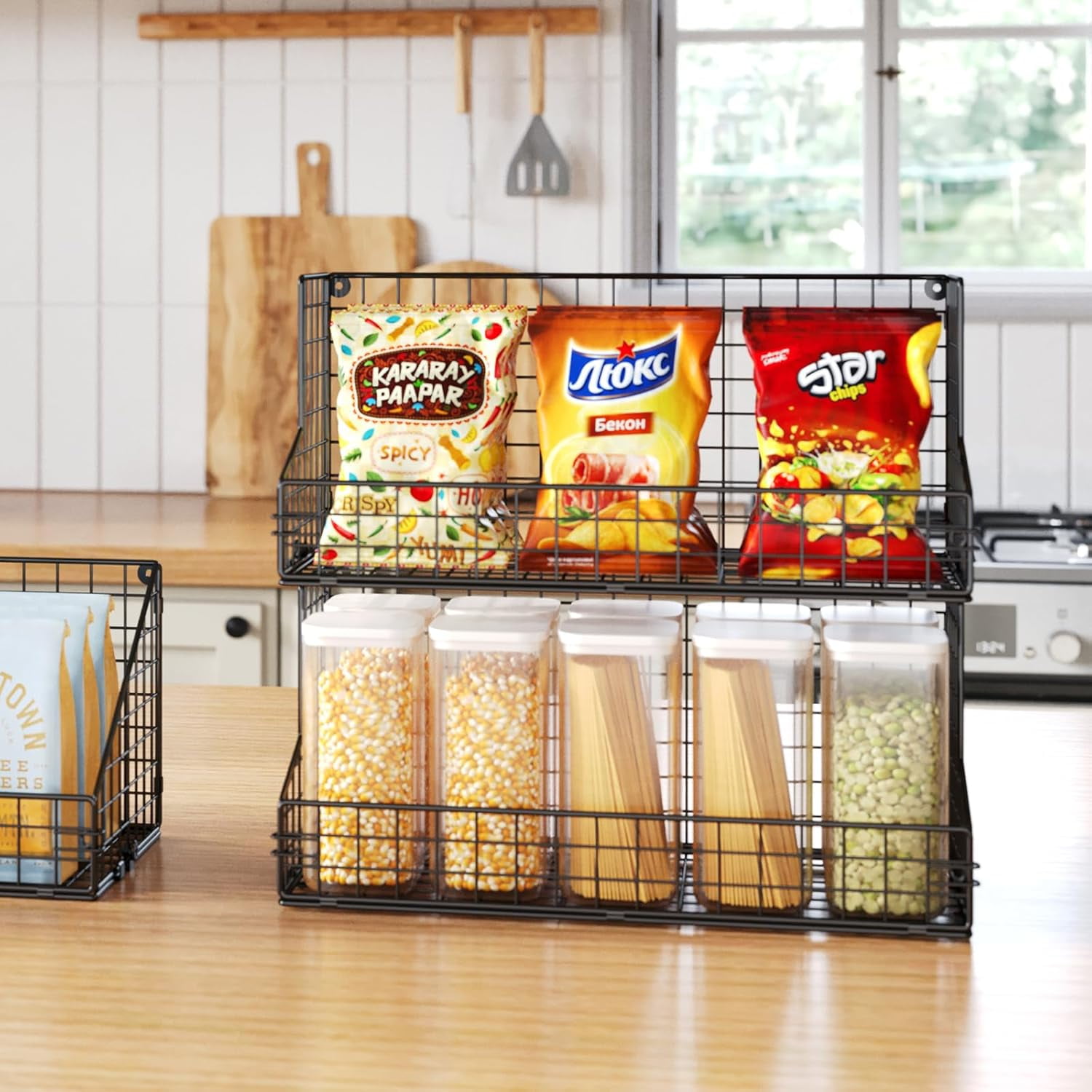 3 Tier Stackable Snack Organizer with Dividers - Wall Mounted Wire Storage Basket for Pantry Office Home