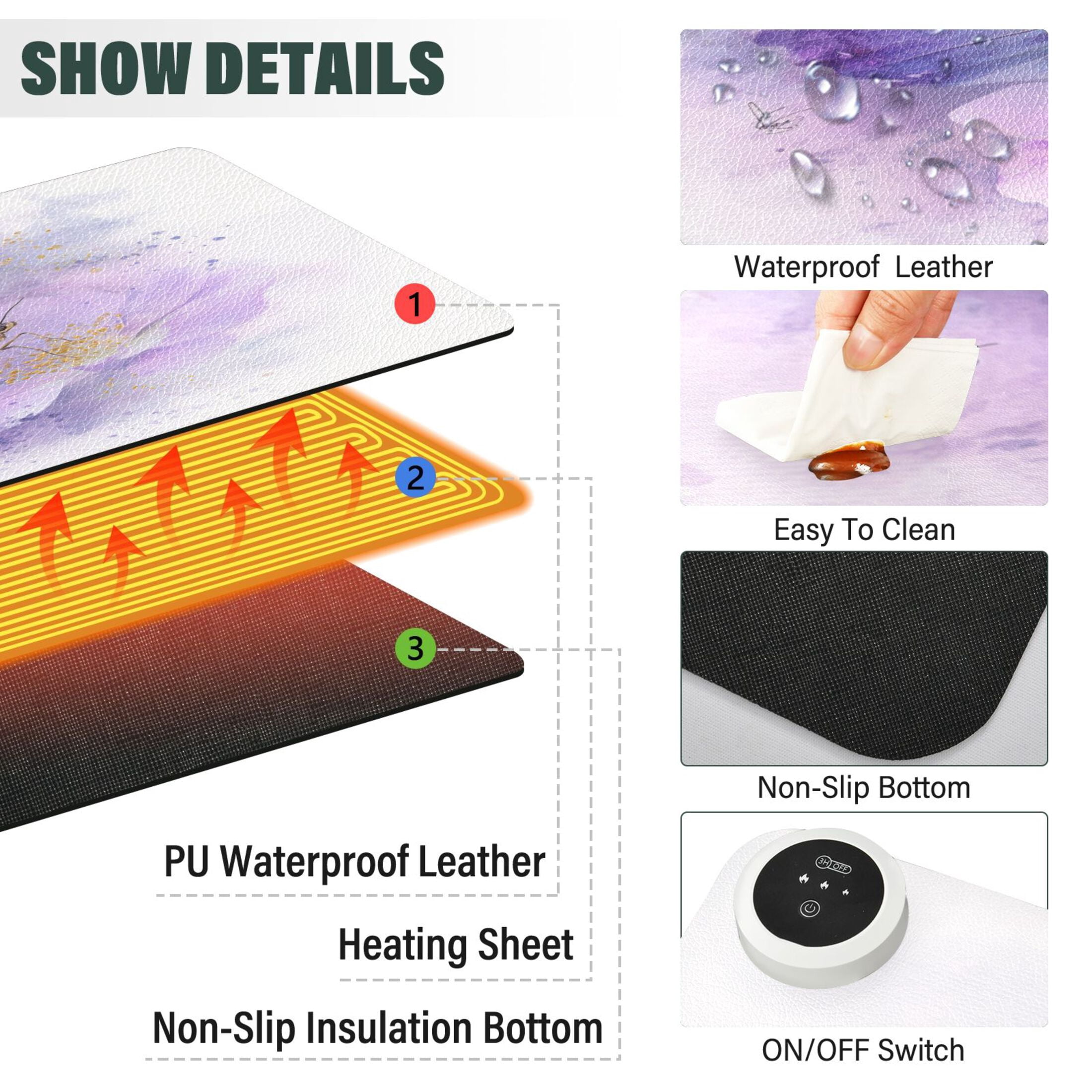 Large Heated Desk Mat Mouse Pad 31.5"x13"PU Leather Graphene Heating Desk Warmer with 3 Temperature Settings 110V US Plug Non-Slip Warm Pad for Home, Office, and Gaming Lavender Dream Of The Morpho