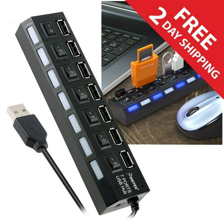 7 Port USB Hub for Laptop Computer Adapter, Multiport 2.0 Charger Splitter with On Off Switches for Windows PC Smartphone Charging Data Transfer