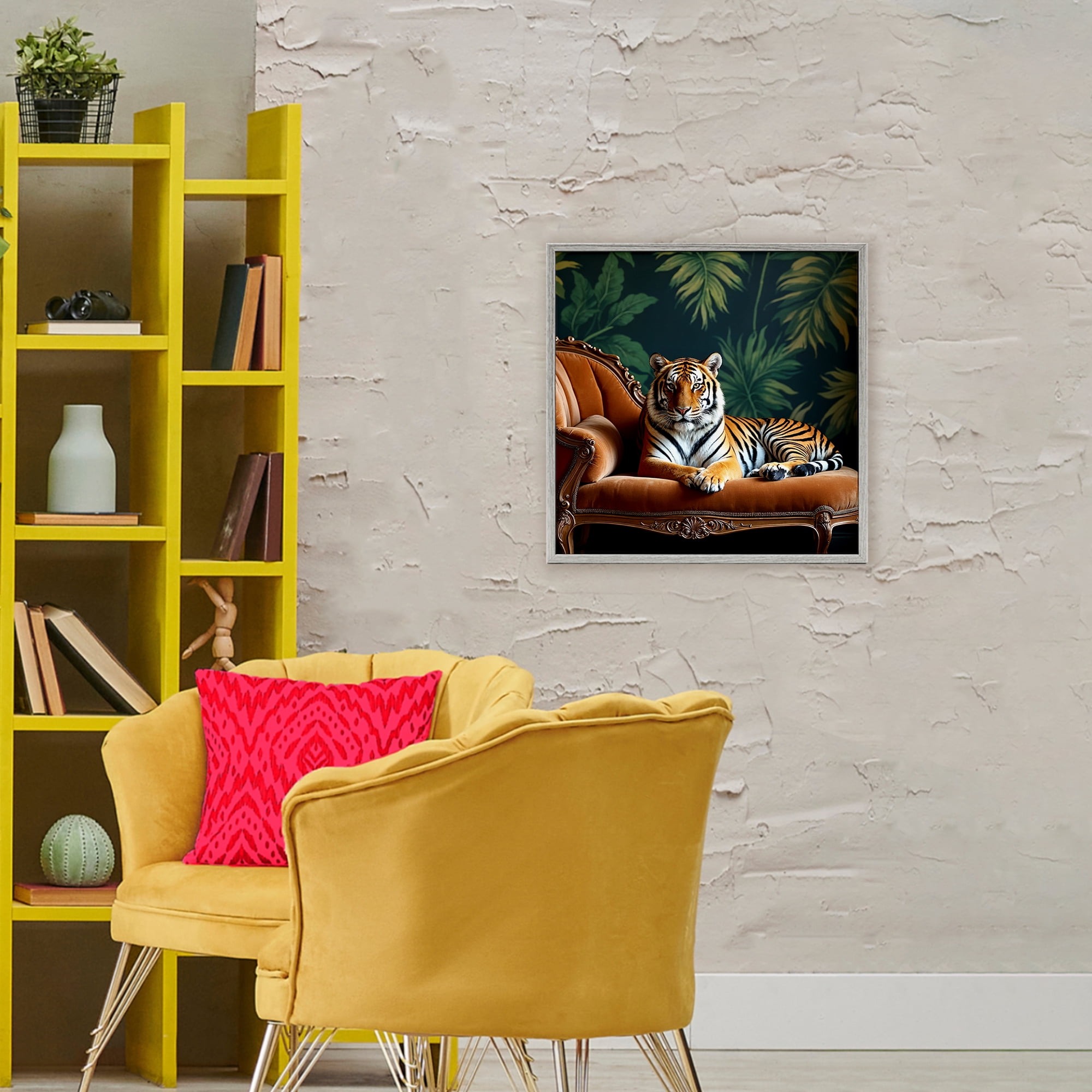 Tiger Lounging on Chaise Gray Framed Giclee Art, design by Lettered and Lined