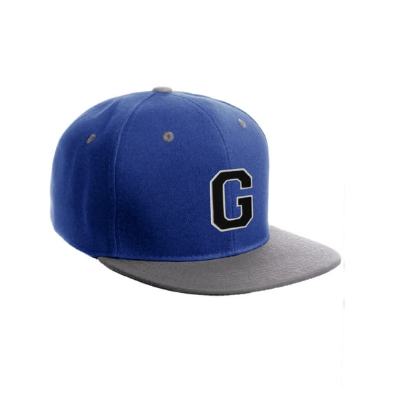 Classic Snapback Hat Custom A to Z Initial Letters, Royal Grey Cap Whte Black Letter Initial G
