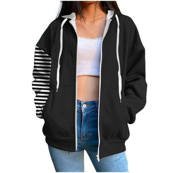 BXINGOHAI Zip Up Striped Hooded Sweatshirt for Women Oversized Long Sleeve Lightweight Hoodie Fall Casual Jackets with Pockets Today Black,S