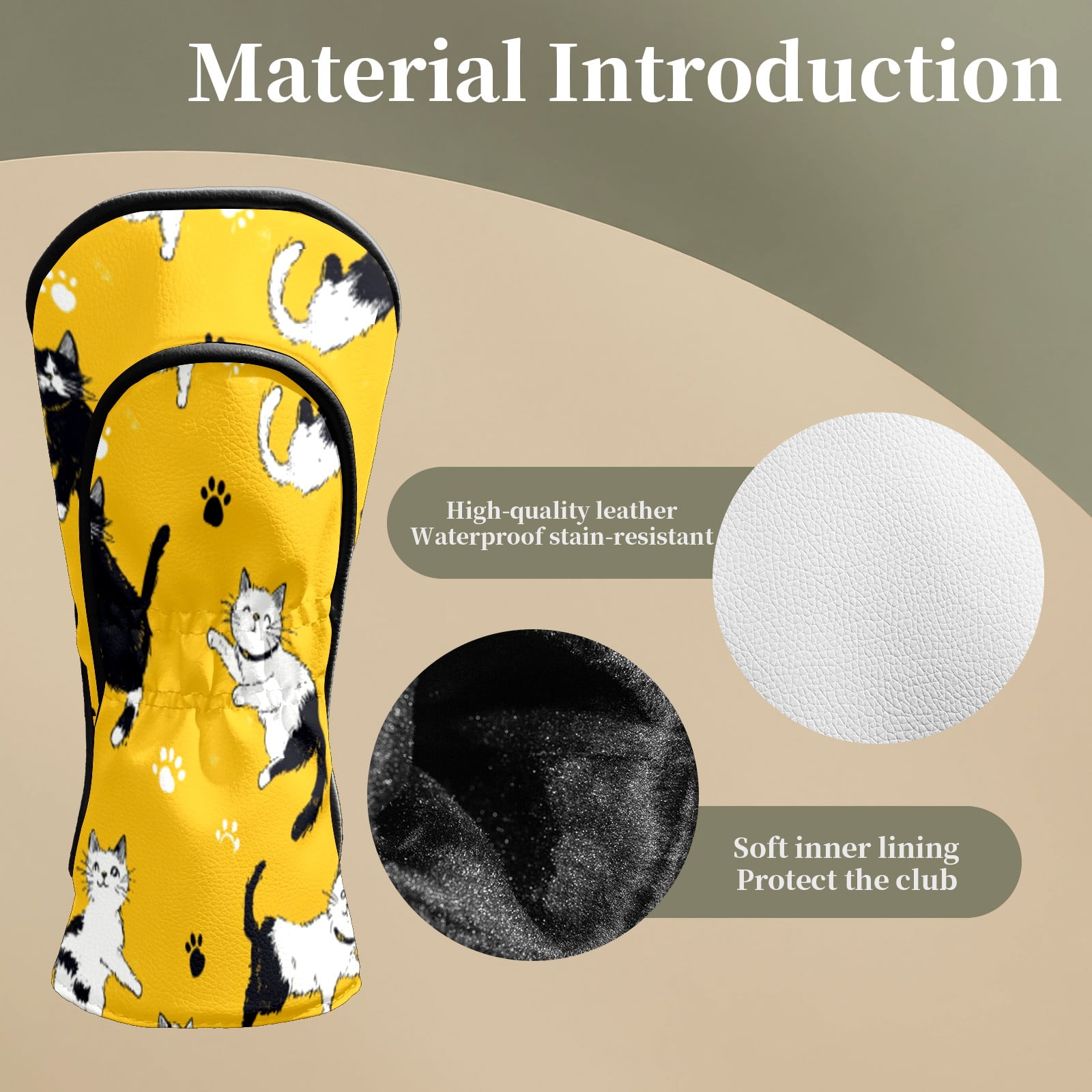 Golf Head Covers for Woods and Driver Waterproof Leather Golf Club Head Covers for Women Men Golf Driver Fairway Wood Headcover Yellow Background Cat Mural