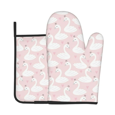 

Xecao Swan1 Pattern Oven Mitts and Pot Holders Sets Heat Resistant Silicone Oven Mittens Extra Thicken Long Kitchen Cotton Oven Glove for Cooking
