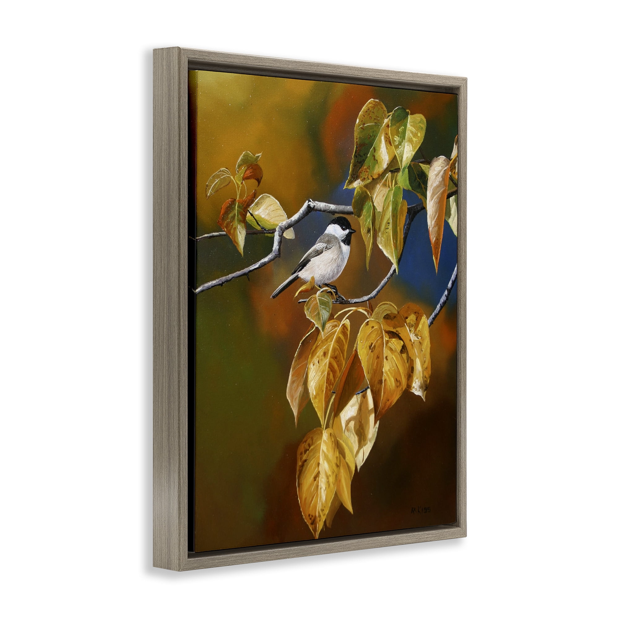 Stupell Industries Chickadee on Branch Animals Painting Brown Floater Framed Canvas Art Print Wall Art, 25 x 31