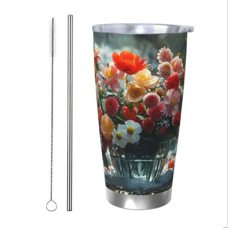 

KLL Vibrant Bouquet Waterfall Print 40oz Stainless Steel Insulated Car Cup with Spillproof Lid - Keep Your Drink Hot or Cold on the Go-Straw Two-piece Set