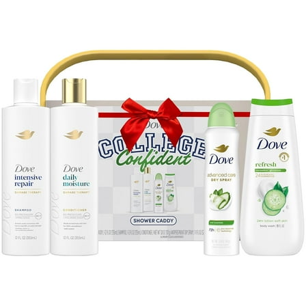 Dove Shower Caddy College Confident Gift Set – Cucumber & Green Tea Body Wash, Intensive Repair Shampoo, Daily Moisture Conditioner, Cool Essentials Deodorant for Women (5 Piece Set)