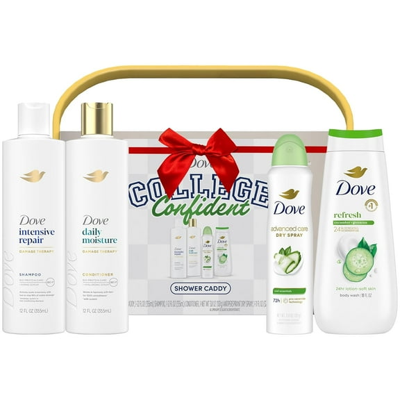 Dove Shower Caddy College Confident Gift Set – Cucumber & Green Tea Body Wash, Intensive Repair Shampoo, Daily Moisture Conditioner, Cool Essentials Deodorant for Women (5 Piece Set)