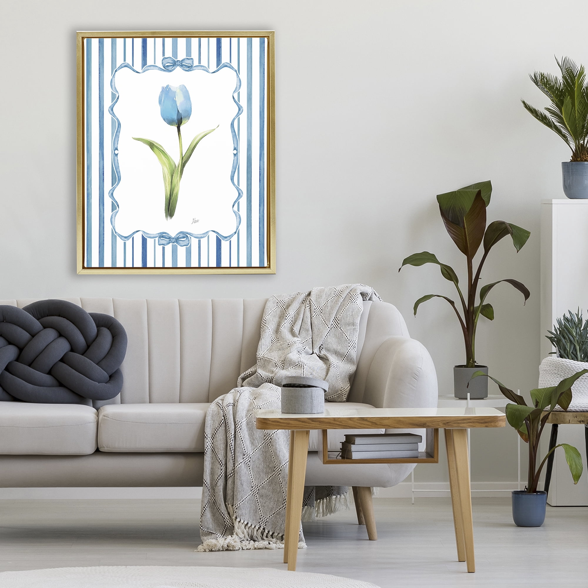 Stupell Industries Single Blue Tulip Stripes Gold Framed Floater Canvas Wall Art, design by Nan