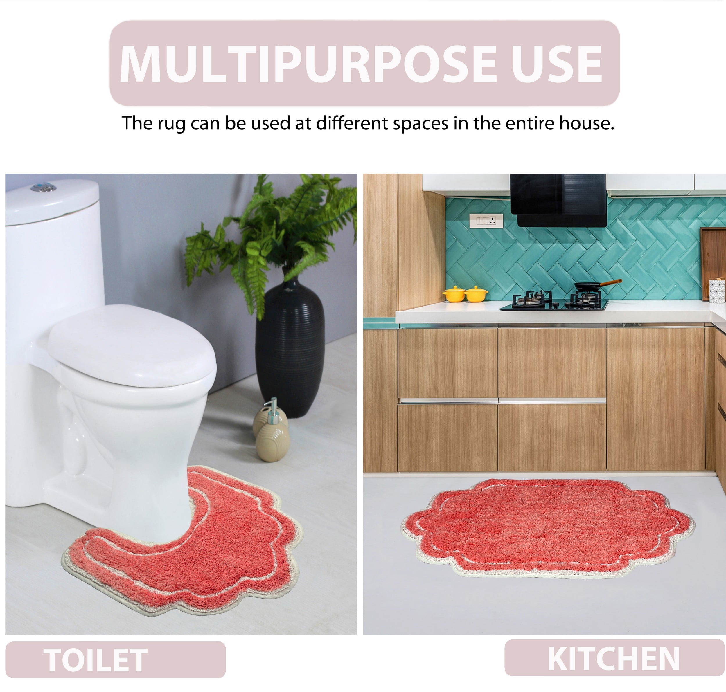 Home Weavers Allure Collection 100% Cotton Non-Slip Bathroom Rug Set Machine Washable Bathroom Rug, Bath Rug, U Shaped Contour, Runner, Coral Color 4 Piece Bath Rug set