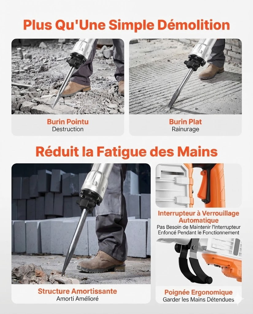 Demolition Jack Hammer, 3500W Jack Hammer Concrete Breaker, 1900 BPM Heavy Duty Electric Jack Hammer, 2pcs Chisel with Gloves & 360°C Swiveling Front Handle for Trenching and Breaking Holes