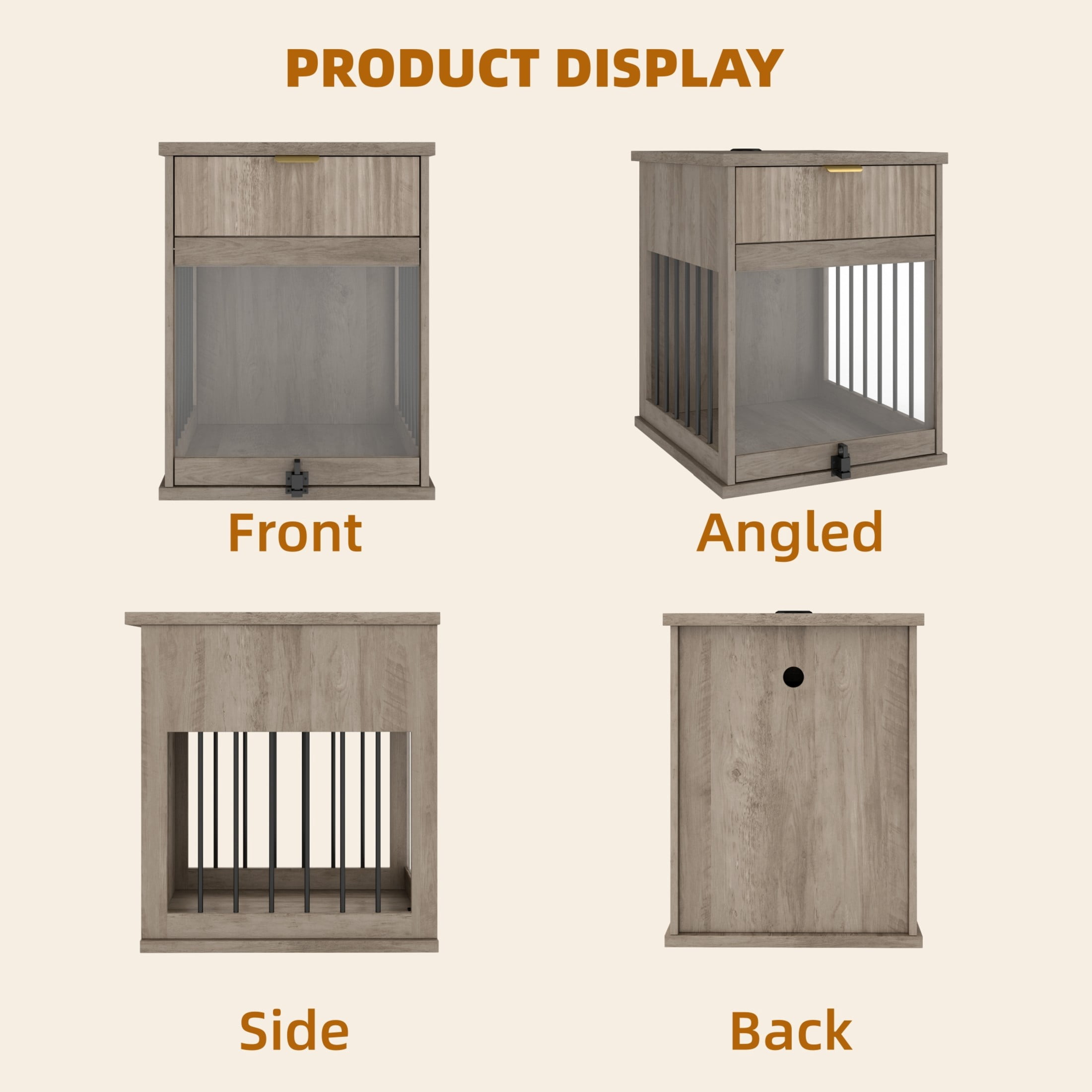 Noble House Wooden Dog Crate End Table with Charging Station & Glass Door, Pet Station Side Table, Antique Grey