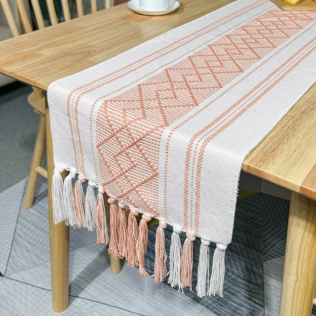 Fatty Farmer Nappe en Coton et Lin avec Pompons Fait Main, Serviette de table à Thé Rose 140 * 35cm