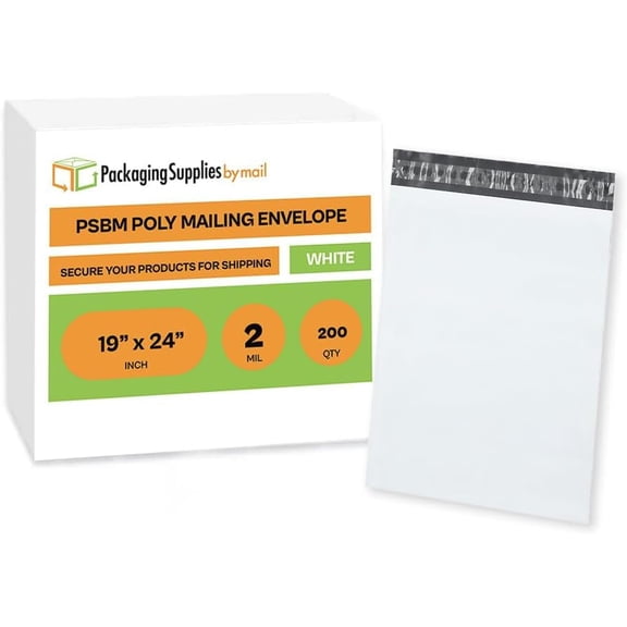 PSBM White Poly Mailers 19 x 24 Inch 200 Pack Shipping Bags for Clothing, Sturdy Shipping Envelopes, Strong Self Seal Mailing Bag for Small Businesses