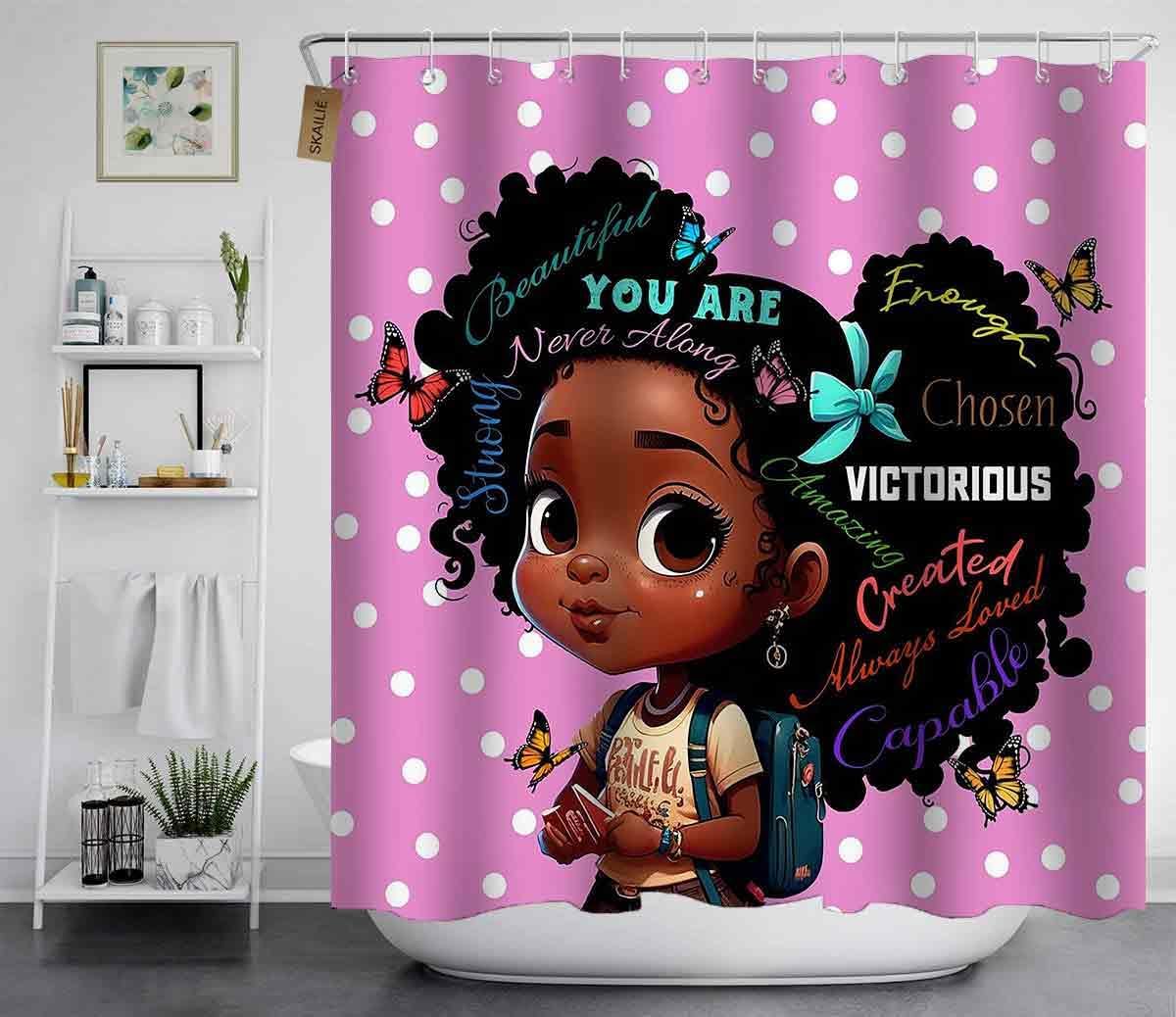 4PCS Black Girl Magic Shower Curtain Set, Cute Princess African American Girl Pink Bathroom Decor for Girls Kids Teens, Inspirational Gifts for Women, Non-Slip Bath Mats Toilet Rugs
