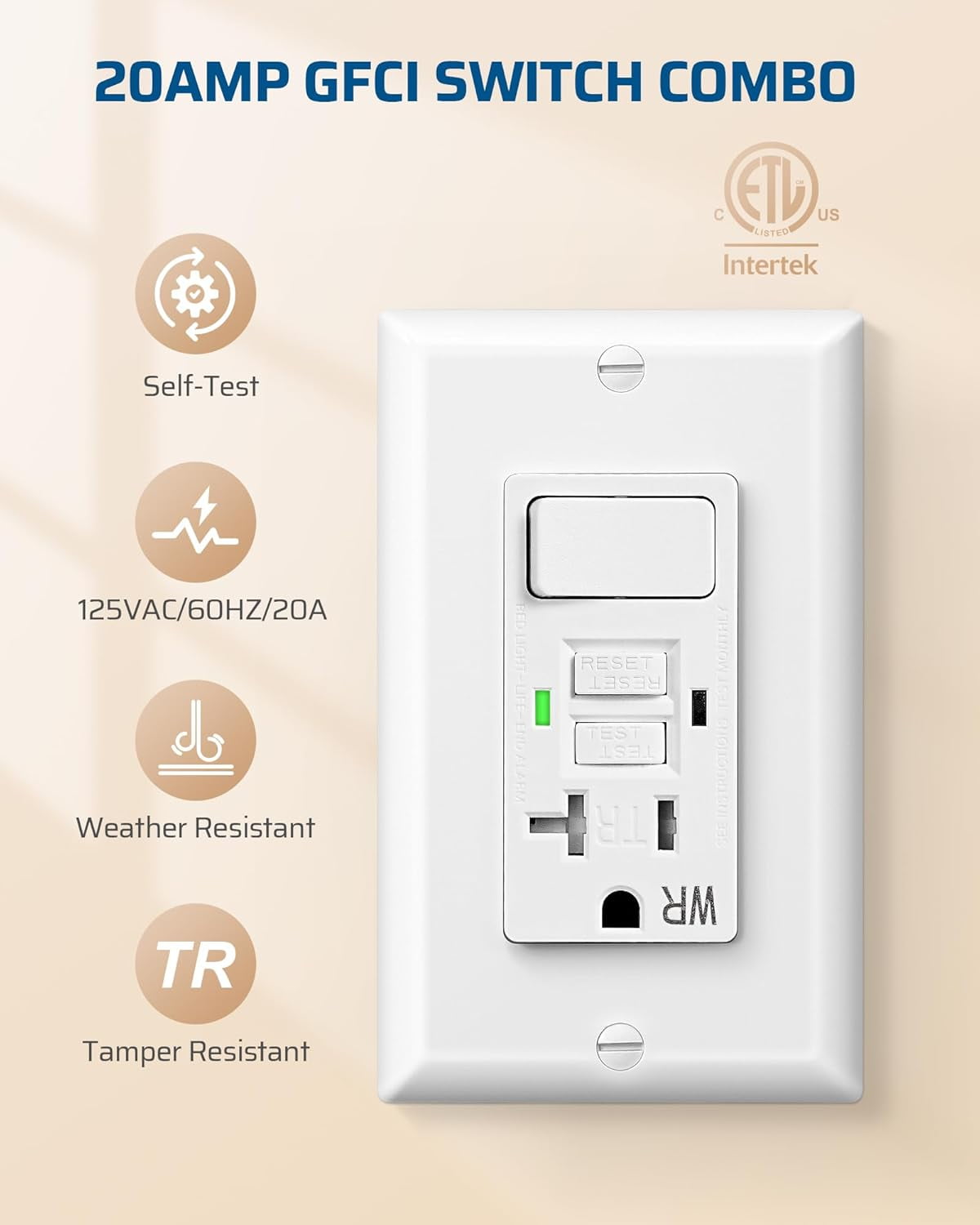 20A GFCI Switch Outlet Combo, Tamper-Resistant GFCI Electrical Outlet, 20 Amp GFCI Outlet, Weather Resistant Ground Fault Circuit Interrupter, Self-Test with LED Indicator, ETL Listed, White