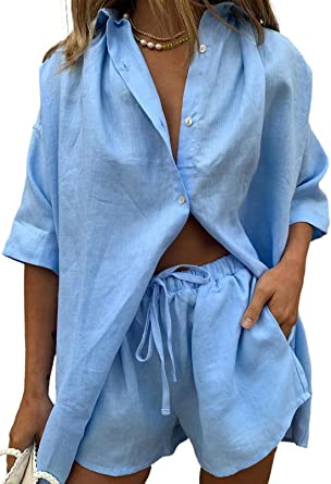 esafio Women 2 Piece Outfit Linen Short 