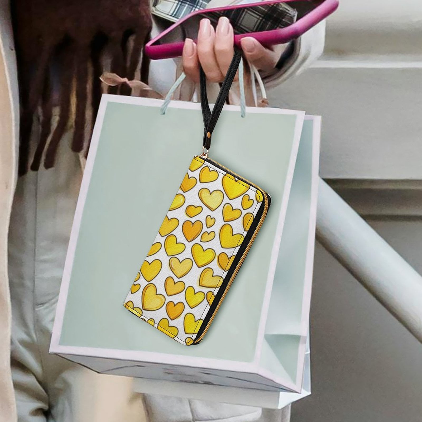 Womens Wallet Bifold Ladies Cluth Bag Wristlet Wrist Strap Long Purse Yellow Hearts Design