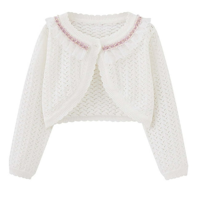 uublik Girls Fashion Cardigan Kids Button Closure Sweaters Cropped Jacket Cover Up Tops White, Size 9M-14
