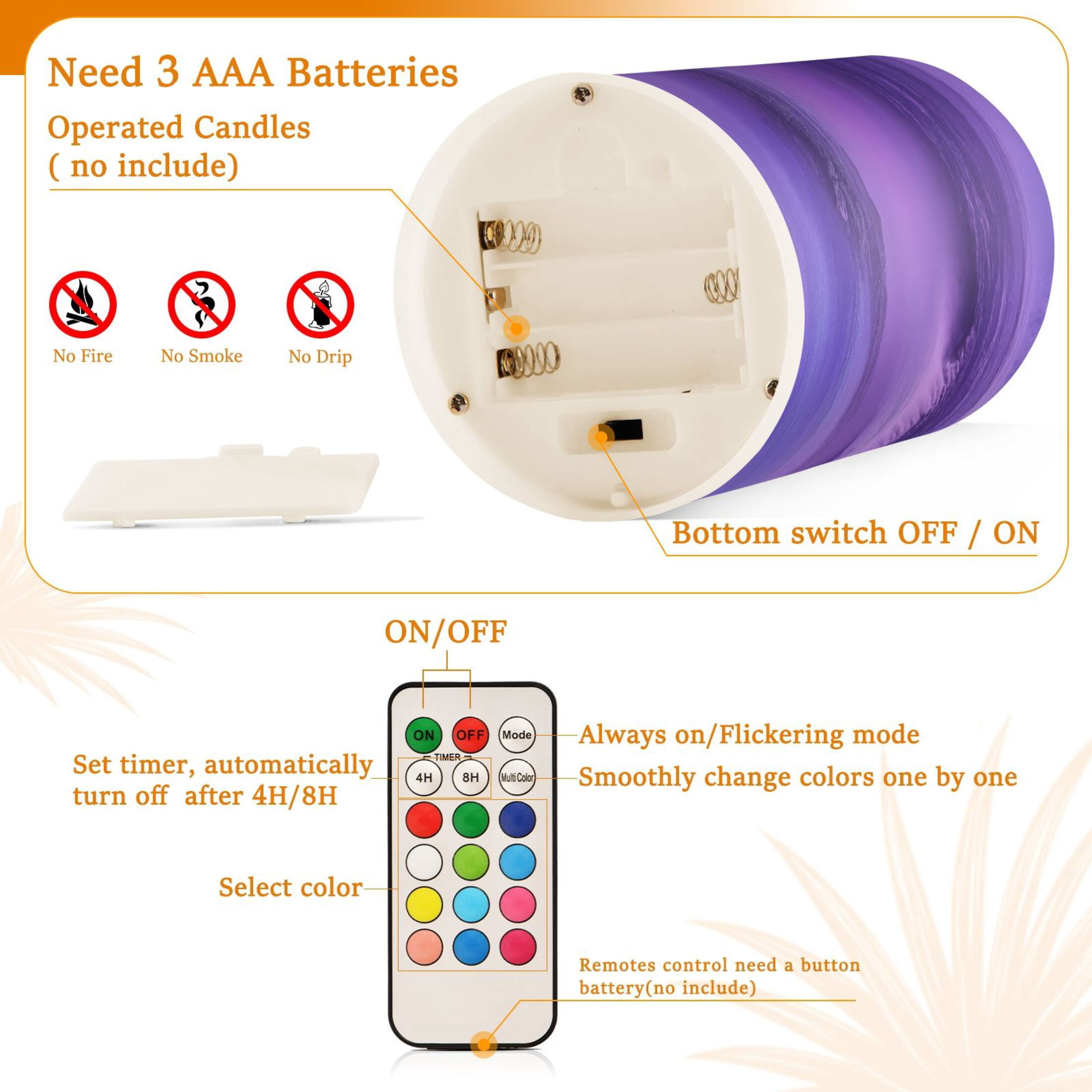 Flameless Candles Lights, Pack of two LED Lights, Dimmable LED Pillar Candles Battery Operated, Flames Remote Control Purple Mist