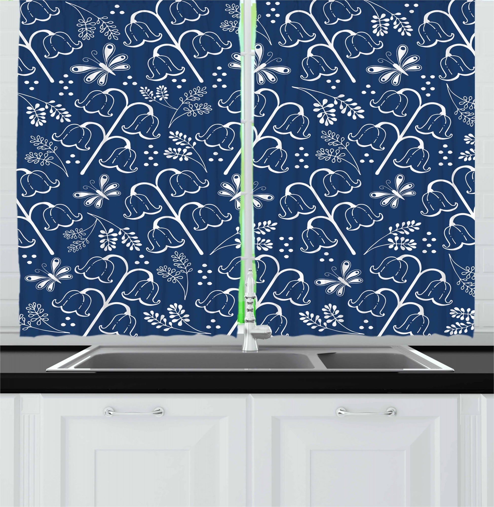 Navy Blue Kitchen Curtains, Tulip Bluebell Flower Pattern with Foliage