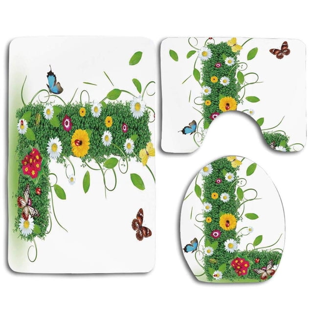 ABPHQTO Letra L Alfabeto Mayúscula L Margaritas Flores silvestres Otra vida vegetal Diversión Juego de alfombras de baño de 3 piezas Alfombra de baño Alfombra de contorno y tapa de inodoro