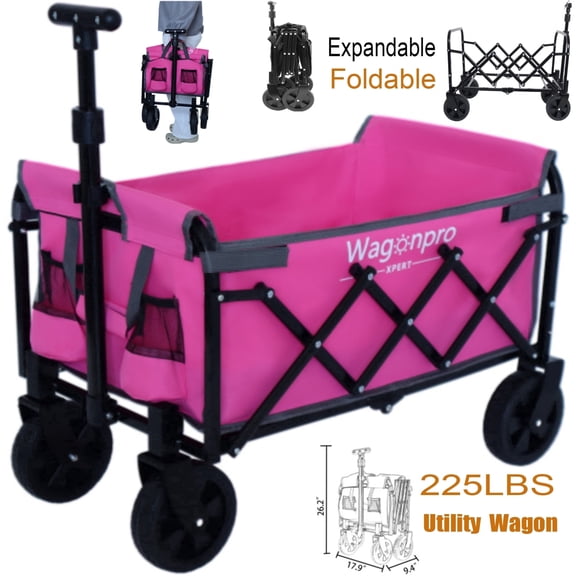 Elleree Pink Foldable Wagon Cart with Wheels, Utility Big Bucket Beach Fishing Cart, Heavy Duty Garden Wagon for Outdoor Camping, Shopping, Sports