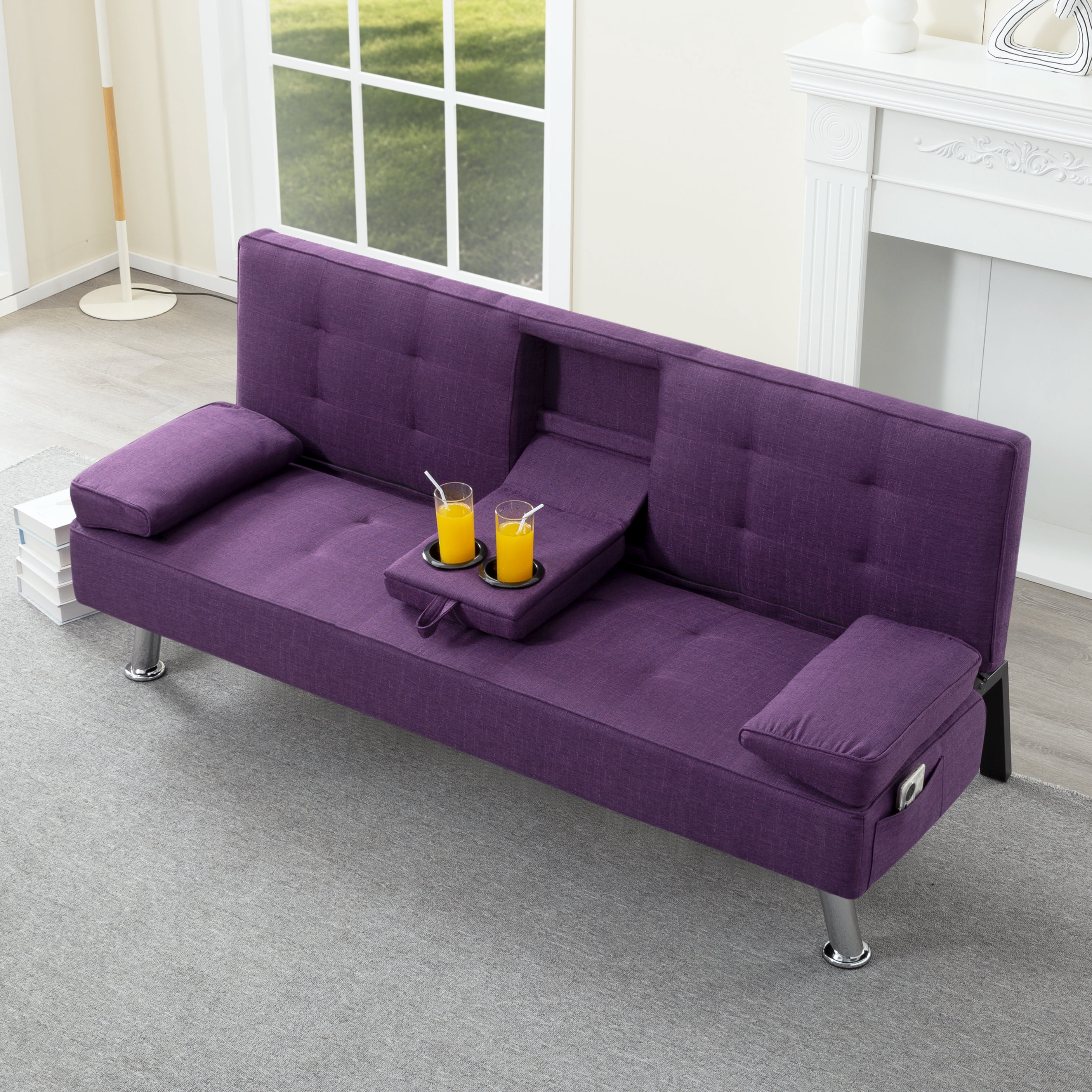 Gewnee 65.35" 3‑in‑1 Convertible Futon Sleeper Sofa,Sofa Bed with Cup Holders & Storage Bag ,Polyester Foldable Sleeper Couch with Adjustable Backrest for Small Apartments & Office，Purple