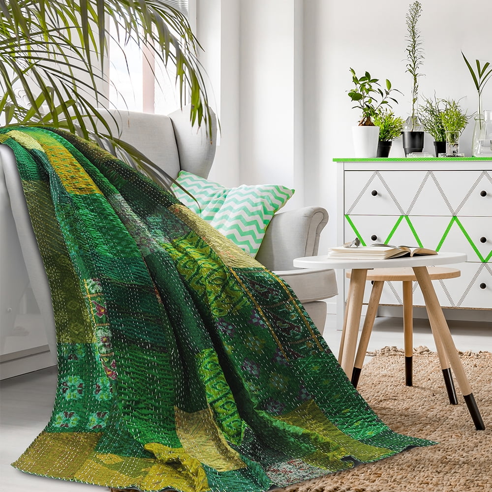 green patchwork throw