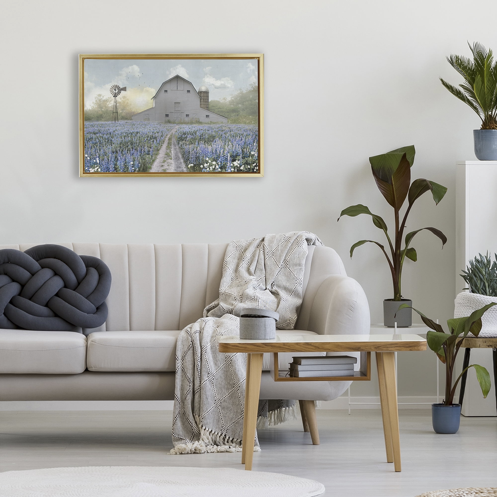 Stupell Industries Meadow of Blue Flowers & Barn Gold Framed Floater Canvas Wall Art, design by Nan
