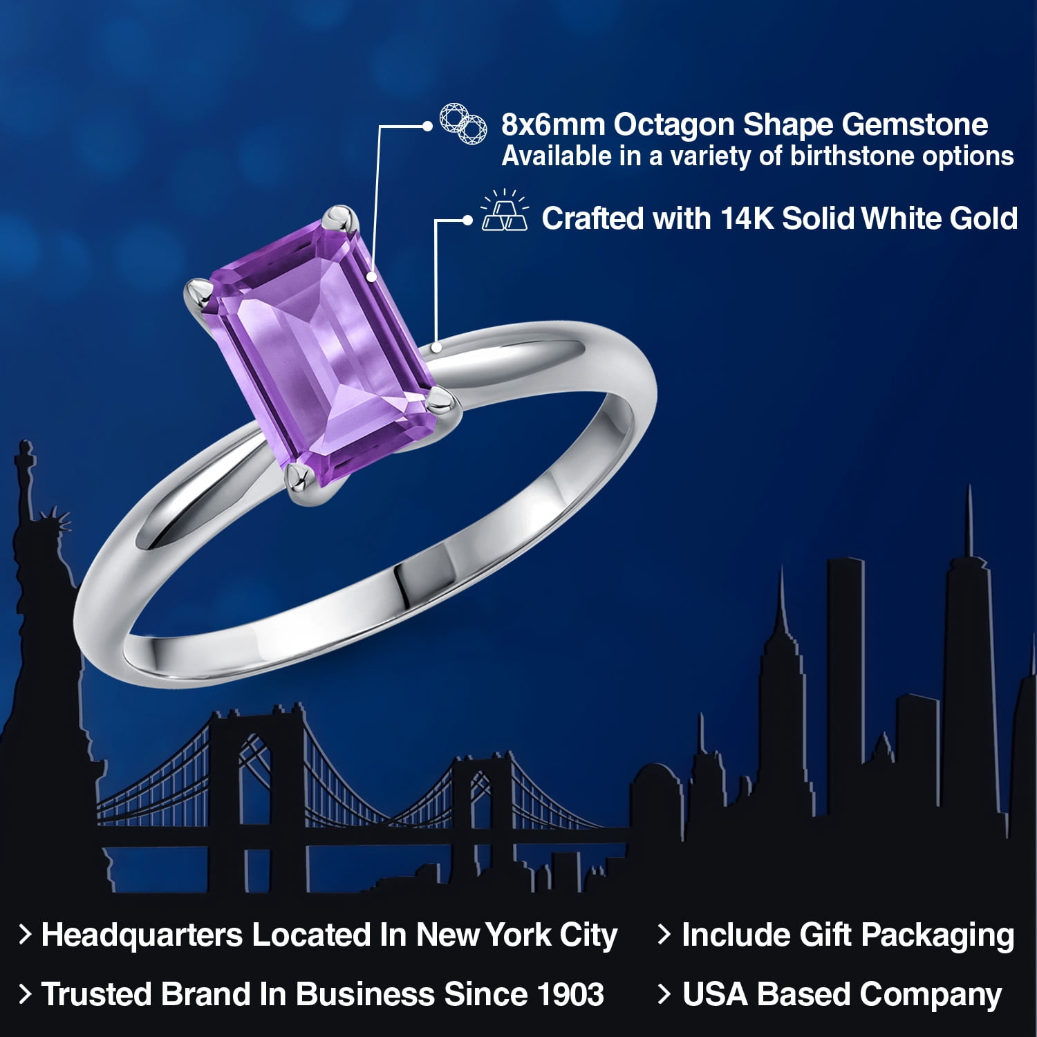 Gem Stone King 14K White Gold Purple Amethyst Solitaire Engagement Ring for Women | 1.50 Cttw | Emerald Cut 8X6MM | Gemstone February Birthstone | Size 8
