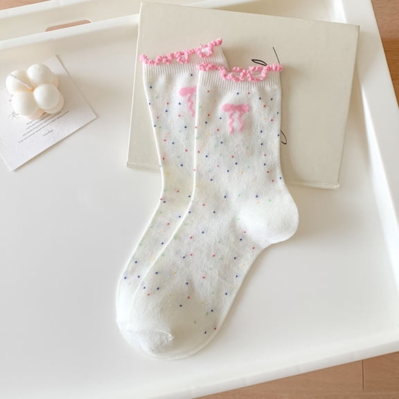 VONCOS Womens Pink Ruffle Trim Crew Socks with Bow, Cute Speckled Confetti Pattern Everyday Socks, Soft Nylon Spandex