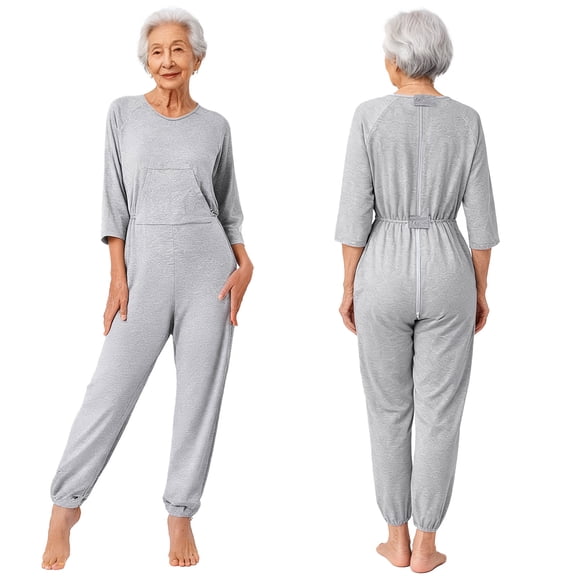 iiniim Womens Elderly Adaptive Anti-Strip Jumpsuit Loose Fit Nursing Rompers for Dementia Special Needs and Disabilities Grey XXL