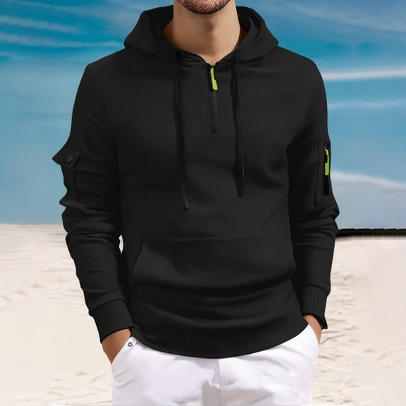 Qulqfy Casual Hoodie for Men Pullover Black Quarter Zip Drawstring Long Sleeve Sweatshirts with Kanga Pocket Sweatshirts for Men L