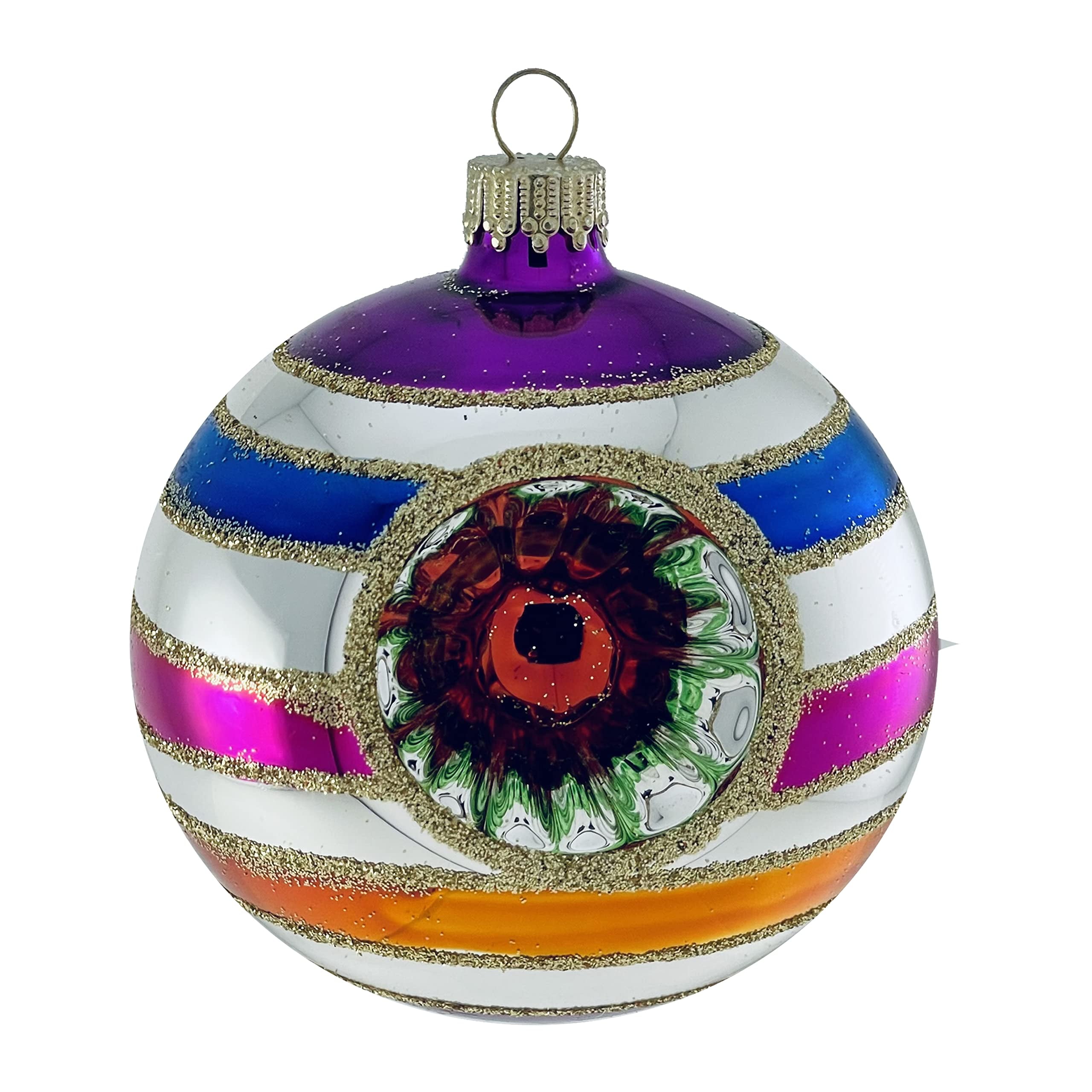 Glass Christmas Tree Ornaments - 67mm/2.63" [4 Pieces] Decorated Balls from Christmas by Krebs Seamless Hanging Holiday Decor (Bright Silver Reflector with Multicolor Lines)