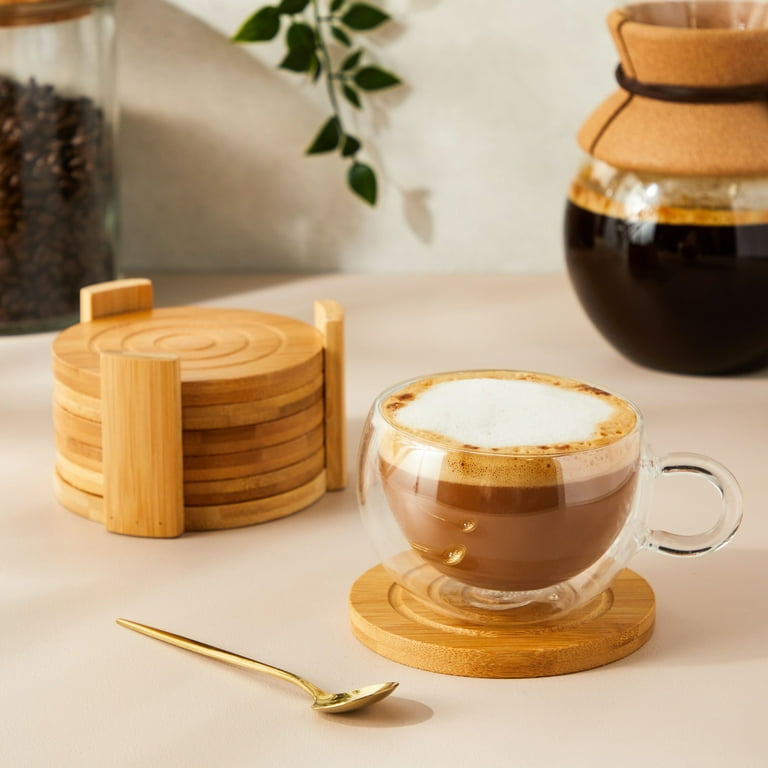 Set of 6 Bamboo Wood Coasters with Holder for Coffee Table, Hot Drinks,  Beverages, Housewarming Gift (4.3 in)