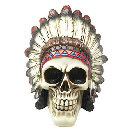 Tribal Hunter Chieftain Mohawk Indian Warrior Skull With Roach Skeleton Figurine Statue