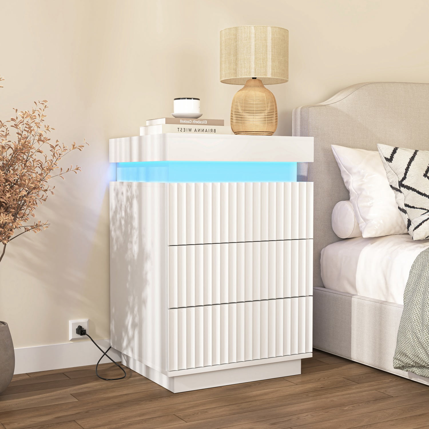 Hommoo Nightstand End Table Set of 2 with Fast USB Charging Station, Modern Wood Storage Sofa Side Table with 2 Drawers and LED lights, for Living Room,Bedroom,Office, White
