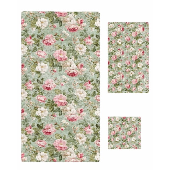 White Pink Flower Towel Set of 3, Soft Microfiber Bath Towels, Hand Towel, Washcloths, Shabby Chic Spring Vintage Leaf Green Quick-Dry Absorbent Towels for Bathroom Kitchen Hotel Beach Gym Spa