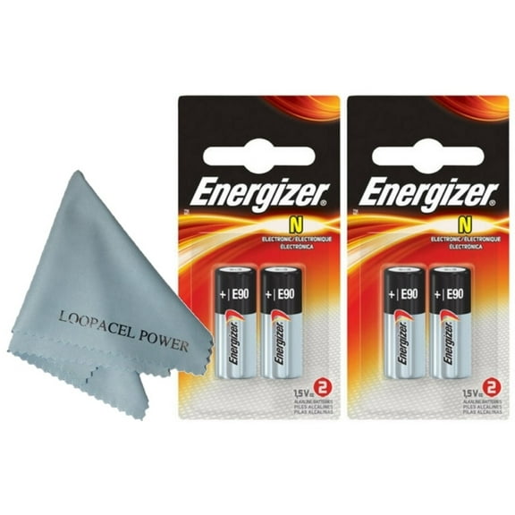 4 Pack Energizer E90 N Alkaline Batteries - with Loopacell Brand Microfiber Cleaning Cloths Ultra Smooth