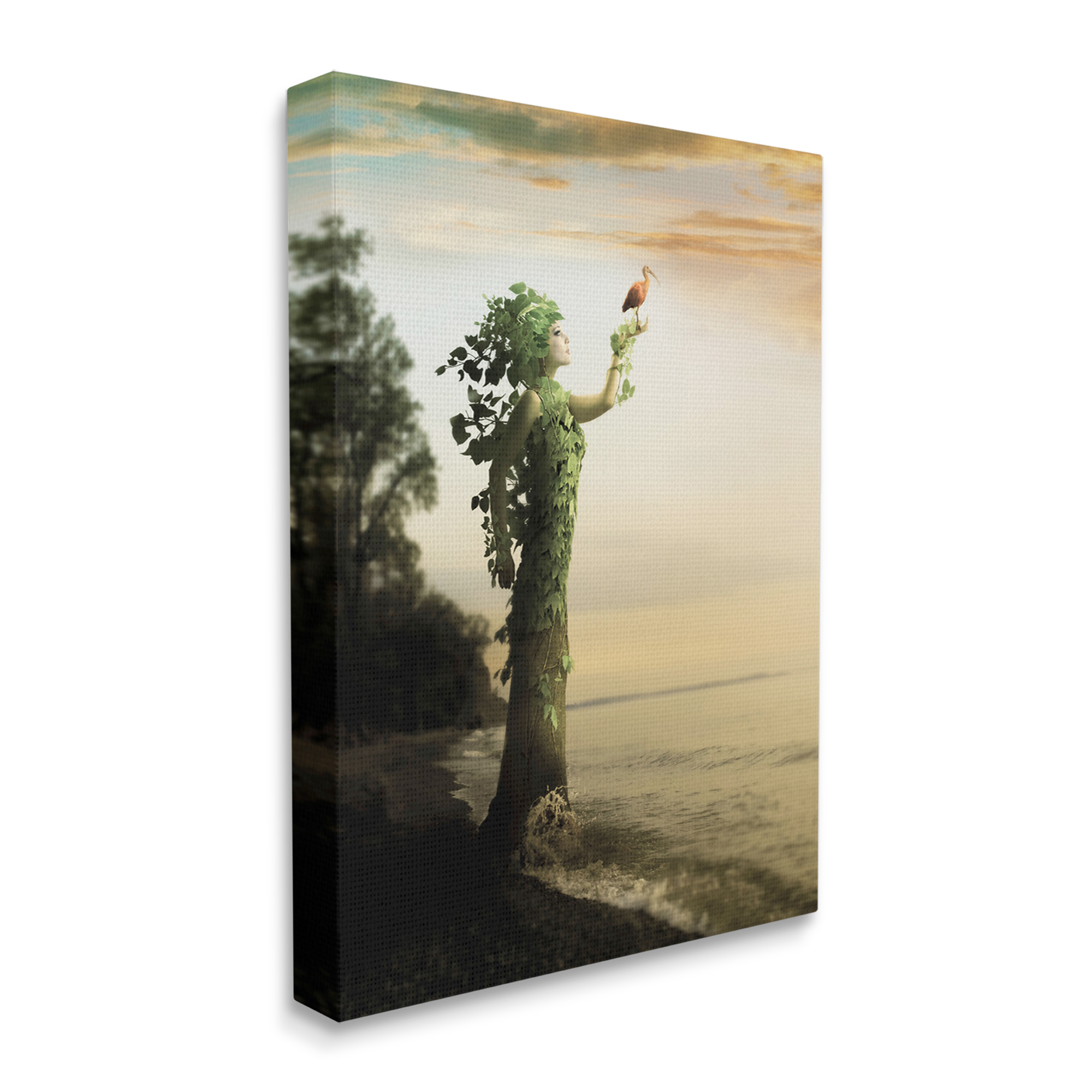Woman Growing Vines Beach Shoreline Water Bird Coastal Painting Gallery-Wrapped Canvas Print Wall Art