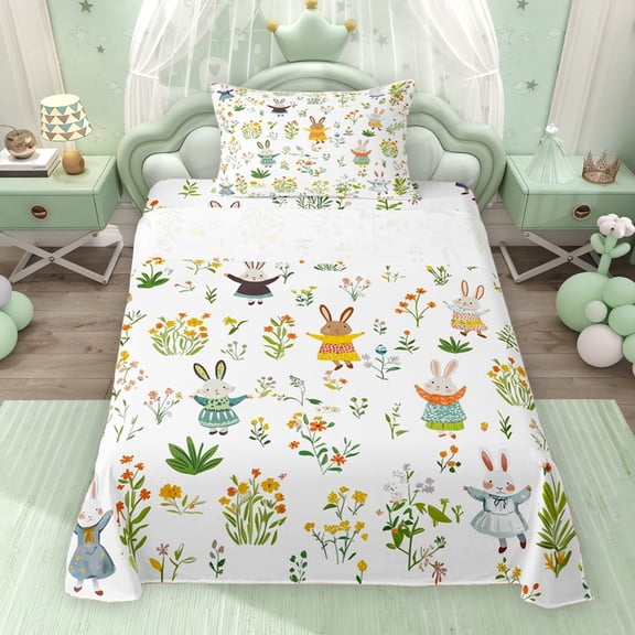 Erosebridal Funny Easter Rabbit Twin Sheet Sets for Kids, Floral Leaves Bedding, 1 Flat Sheet 1 Fitted Sheet and 1 Pillowcase, 3 Piece