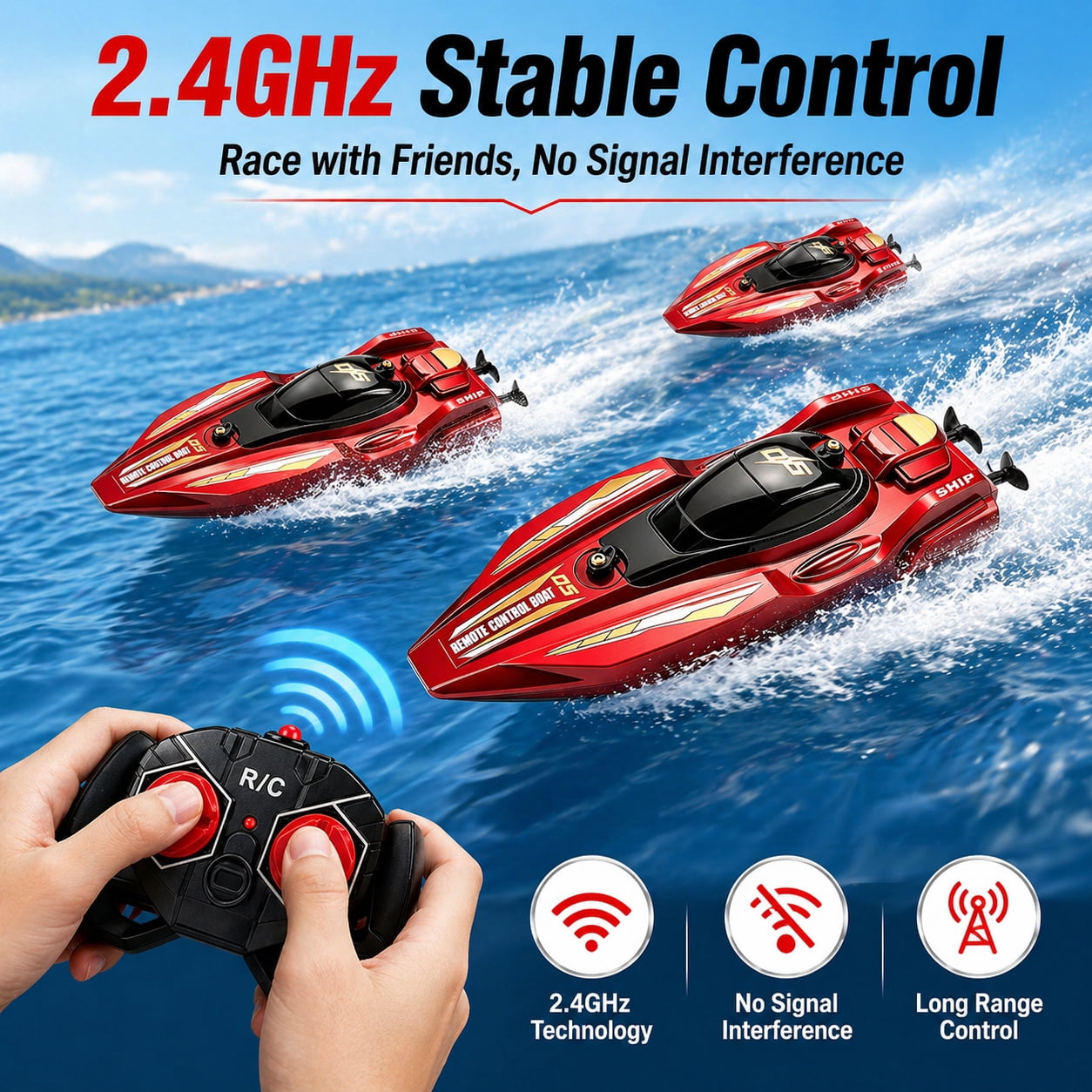 Funtogether High Speed Remote Control Boat for Pools and Lakes, 2.4GHz Waterproof RC Speedboat with Dual Motors, Blue
