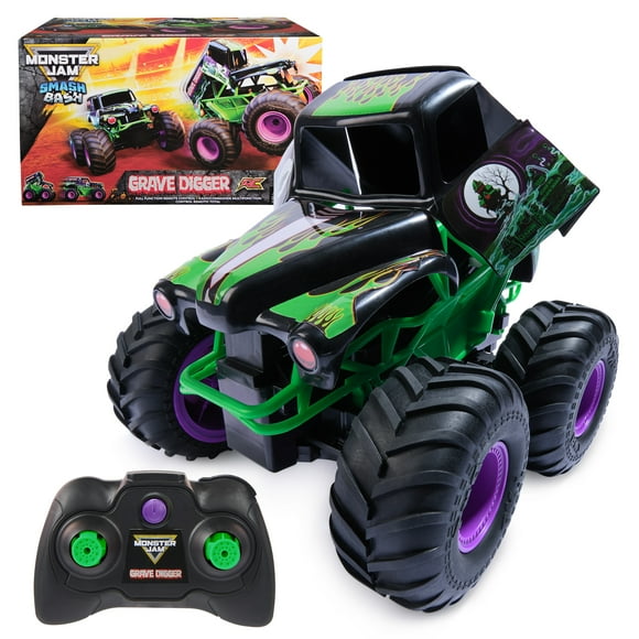 Monster Jam, Smash & Bash Grave Digger officiel, Véhicule radiocommandé intérieur/extérieur, monster truck réparable à l'échelle 1:15, jouets pour garçons et filles à partir de 4 ans