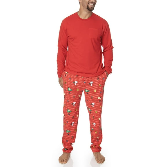 PEANUTS Mens' Cotton Snoopy Family Matching Pajamas 2-Piece Sets for Christmas with Woodstock Charlie Brown Linus, Gift for him (Red Polka Dot, M)